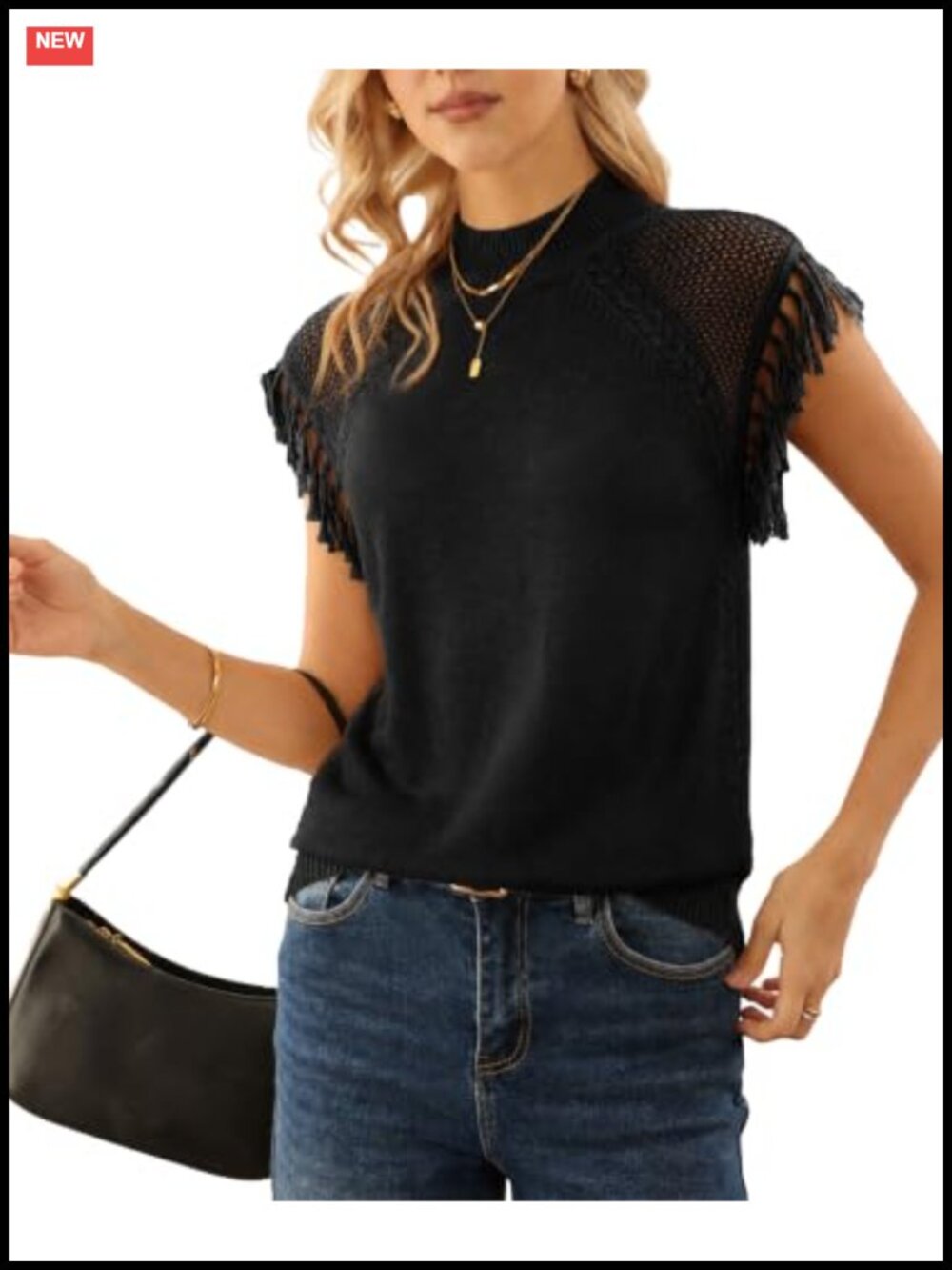 Boho Fringe Cap Sleeve Cable Knit Sweater Vest Mock Neck Crochet Pullover
